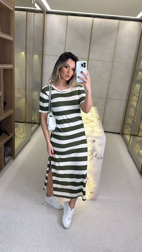 Vestido Malha Listrado | Com Fenda