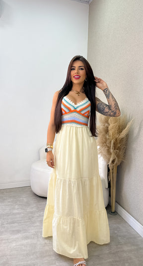 Vestido Longo Jade - Bege Com Laranja