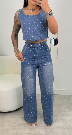 Conjunto Pedraria Hailey - Jeans Escuro