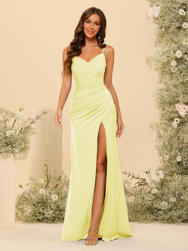 Bainha/Coluna Alças Finas com Decote Em V Vestidos Formais Longos com Lado Dividido - Imagem 62