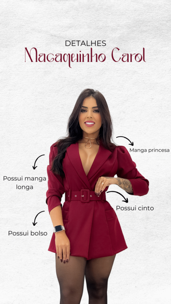 Macaquinho Blazer Feminino Alfaiataria Com Cinto Carol - Imagem 2