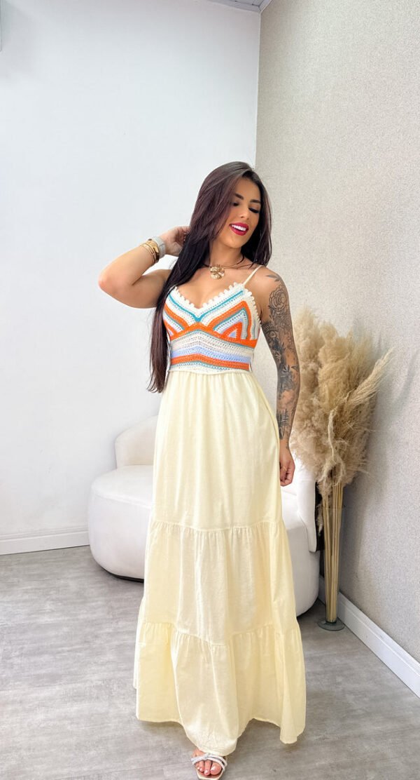Vestido Longo Jade - Bege Com Laranja - Imagem 5