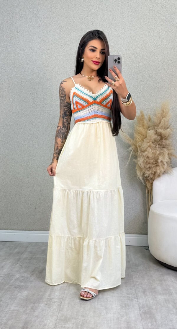 Vestido Longo Jade - Bege Com Laranja - Imagem 4